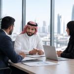Three professionals sit around a conference table in a high-rise office, reviewing documents as the man in a keffiyeh speaks to a suited colleague and a woman in a hijab nearby.